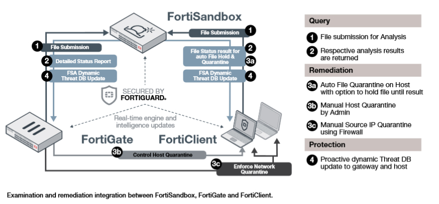 Examination and remediation integration between FortiSandbox, FortiGate and FortiClient.